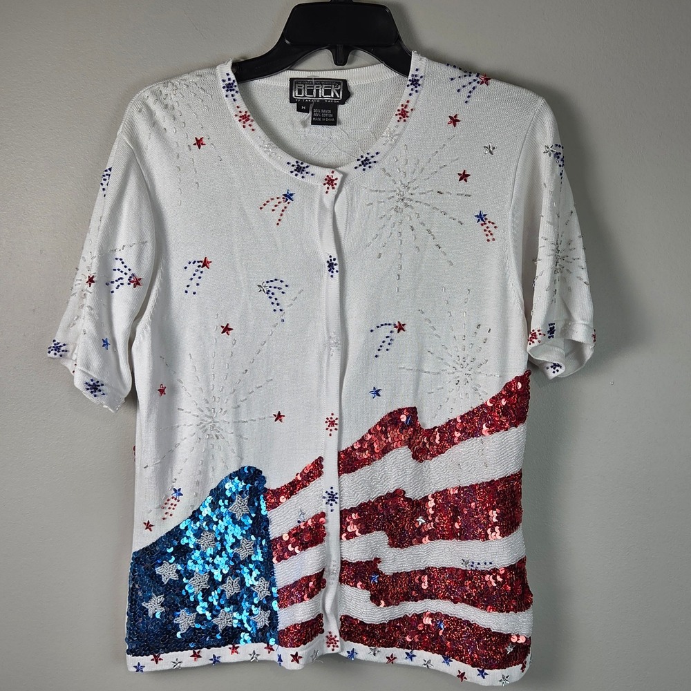 Berek Cardigan Women Size M White Good Patriotic Sequin American Flag Fireworks